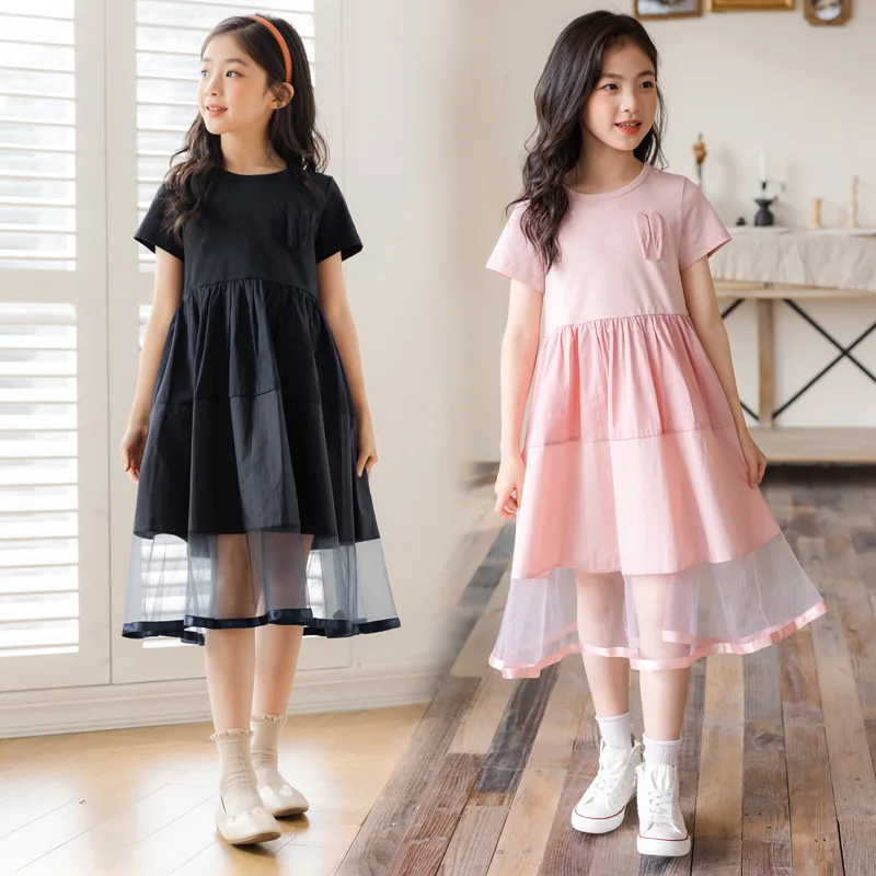 

2024 Korean Summer Children Girl Dress Teenager Girl Cotton Fluffy Dress Patchwork Lace Gauze School Girl Casual Solid Dress