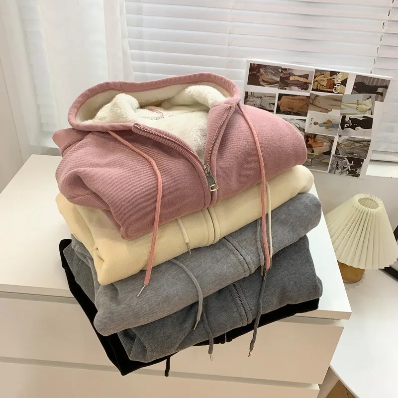 Casual Zipper Coat Women's Hoodies Autumn and Winter New Lazy Loose Plus Plush Thick Cardigan Women's Top Coat