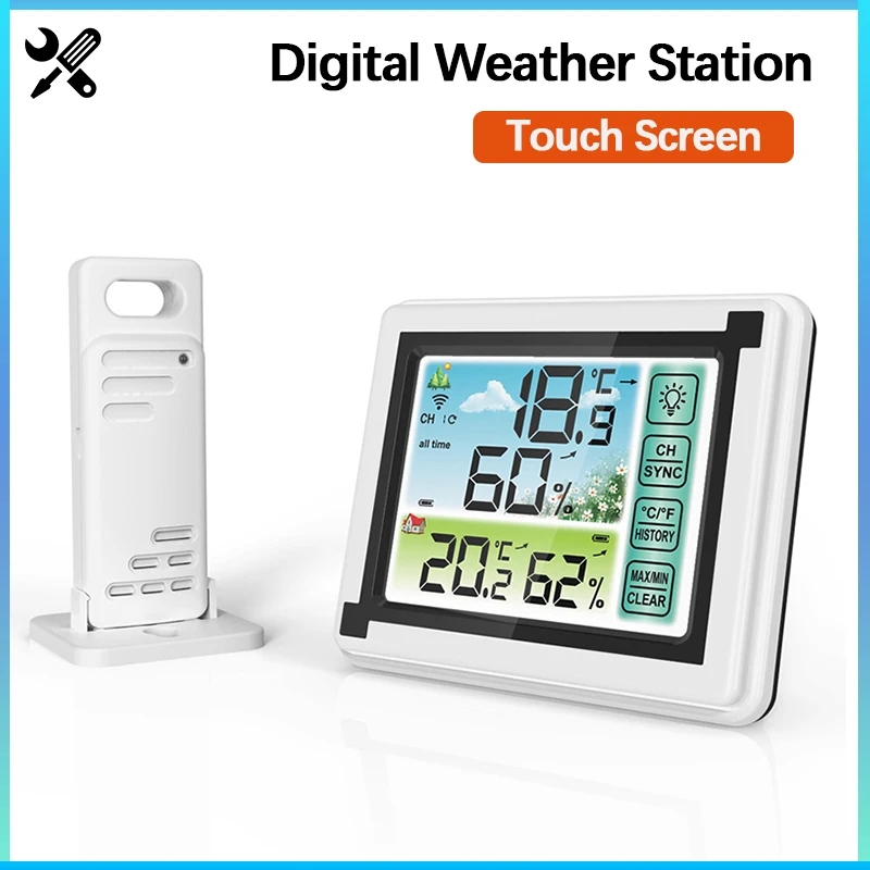 Color Touch Screen Wireless Weather Station Temperature Humidity Monitor Indoor Outdoor Thermometer Alarm Clock with Sensor