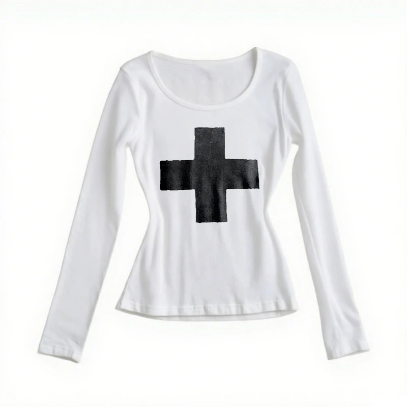 

Y2kemo's personalized cross collision, a fashionable fake two-piece long sleeved top interwoven with pure desire and coolness