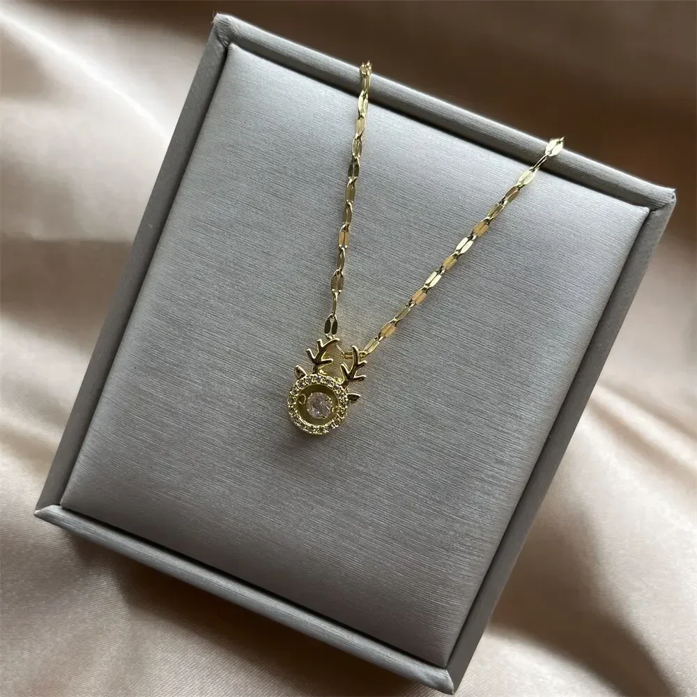 Trendy Christmas Deer ELK Animal Choker Gold Plated Lady Jumping Crystal Pendant Necklaces Jewelry Women Short Chains Gift