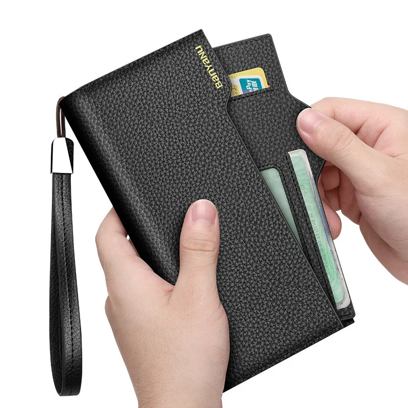 Business Men Wallets Genuine Leather RFID Blocking Credit Card Holder Large Capacity Clutch Bag Mobile Phone Bag Wallet For Men