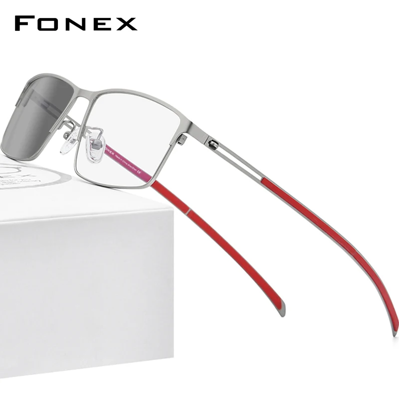 FONEX Photochromic Gray Glasses Men Titanium Alloy Square Anti Blue Light Eyeglasses 2021 Korean Screwless Eyewear Frame FAB1010