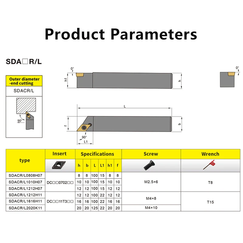 SDACR0808 SDACR1010 SDACR1212 SDACR1616 SDACR2020 External Turning Tool SDACR SDACL Cutter Bar CNC Lathe Bar Turning Holder