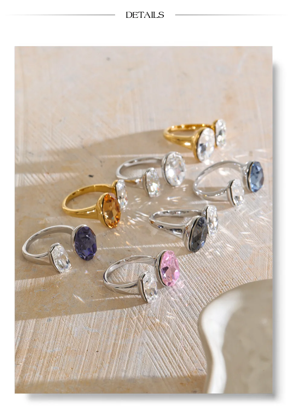 Yhpup Mehrfarbiger Edelstahl-Ovalring mit K9-Kristall, verstellbar, für Damen, 18K Goldfarben, PVD-beschichtet, glänzend, beliebter Schmuck – Detail 9