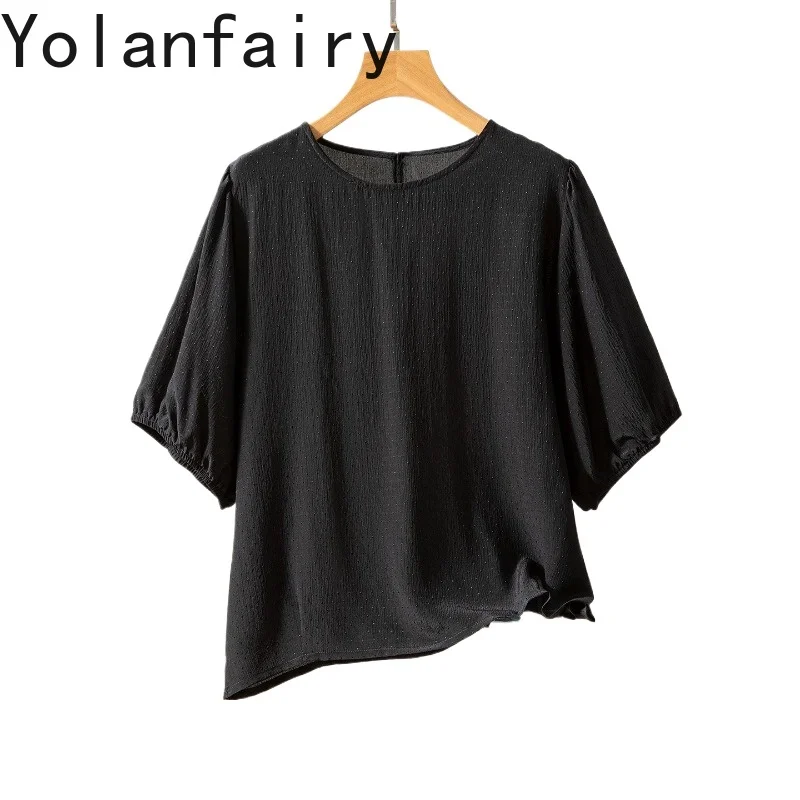 

YOLANFAIRY 100% натуральная шелковая футболка из тутового шелкопряда, женская одежда, летние топы 2026, элегантные рубашки с круглым вырезом, повседневная черная рубашка, Ropa Mujer