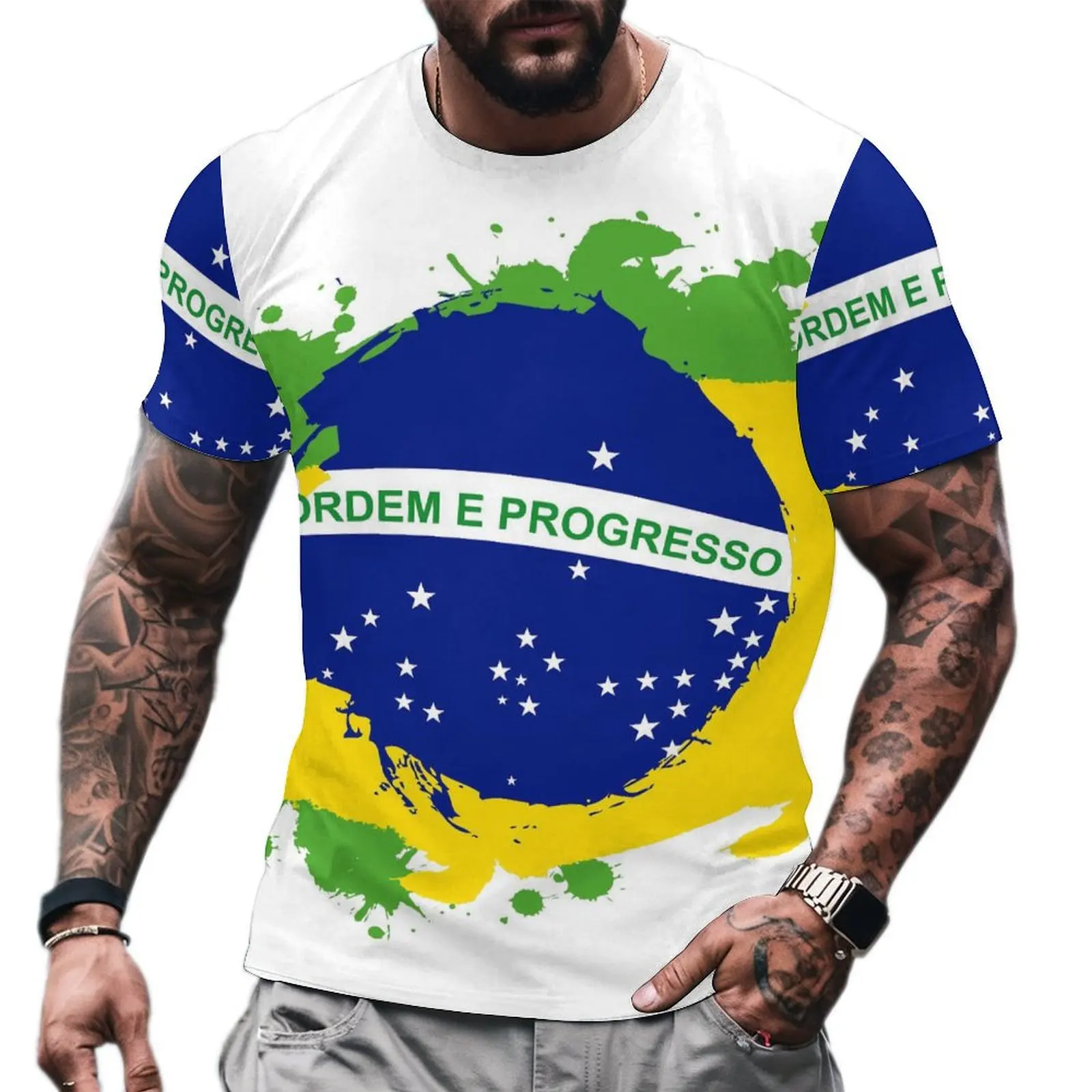 2025 Summer Men's T-shirt Fashion Brazilian Flag Graphic 3d Printed Top Trend Men's Crew Neck Street Wear Plus Size Men's Wear