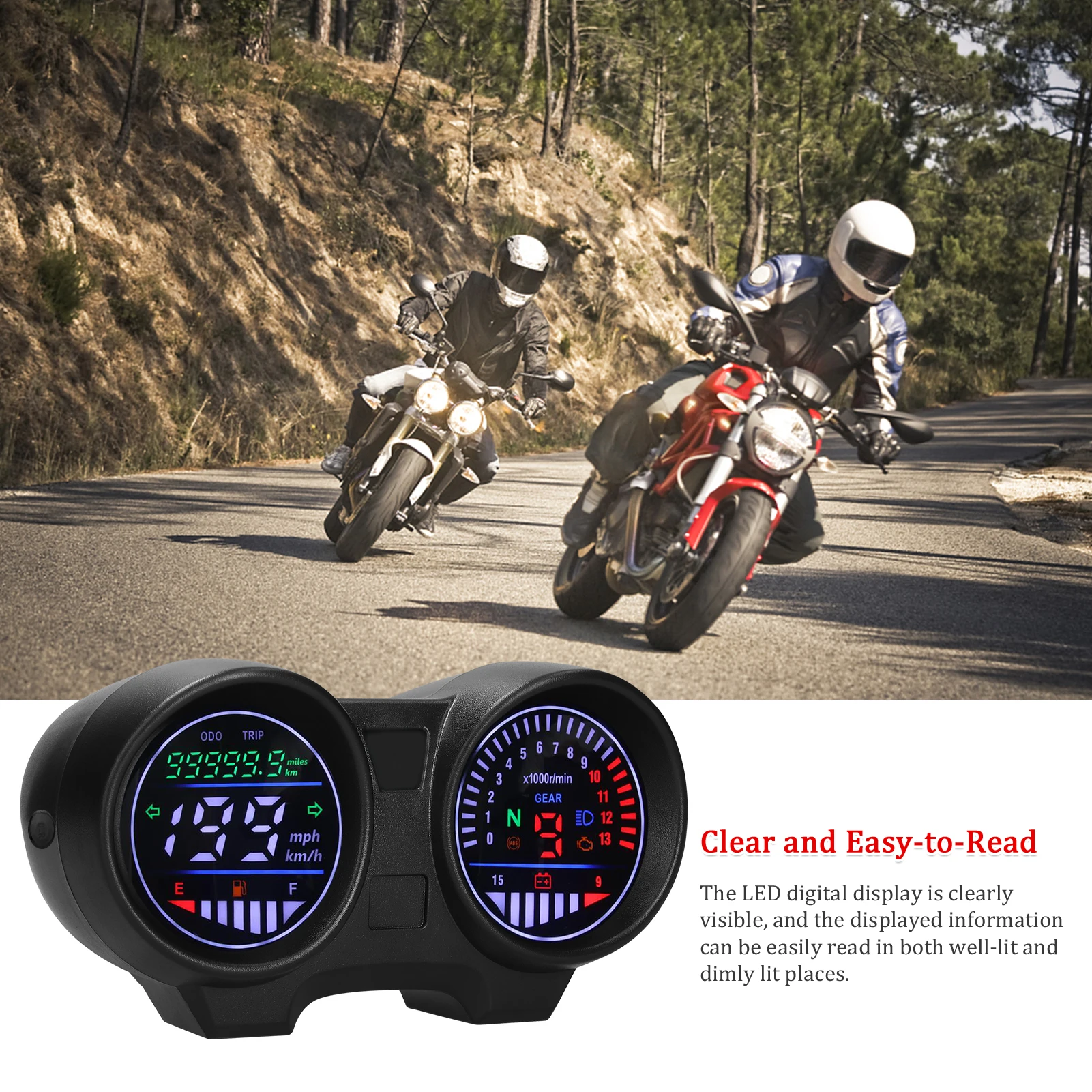 LED Motorcycle Speedometer Odometer 13000RPM 199KM/H Electric Tachometer 12 V with Gear Display Light Indicator Flashing Alarm