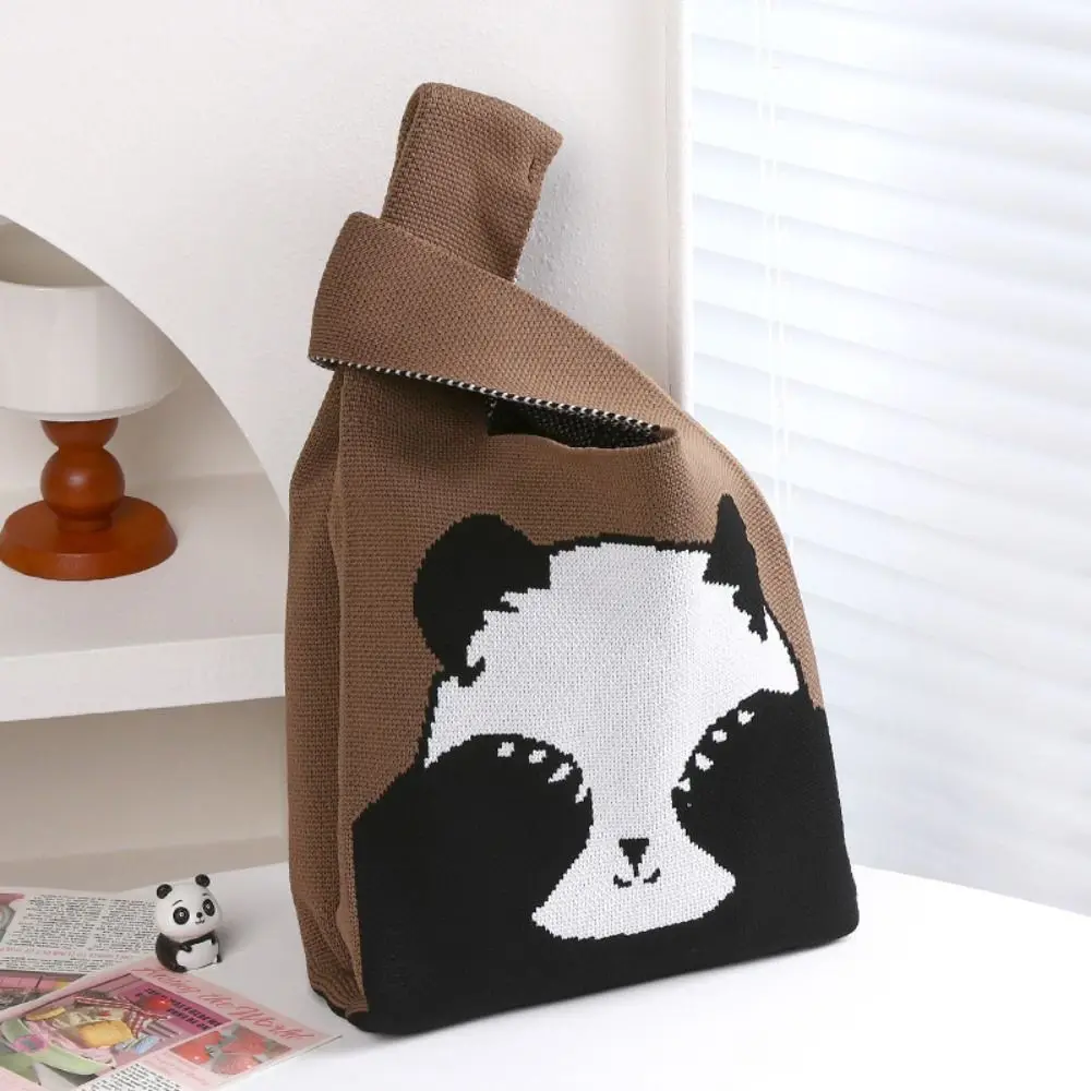 Cute Cartoon Panda Knit Handbag Women Knot Wrist Bag Casual Color Wide Tote Bag Student Shopping Bag For Women