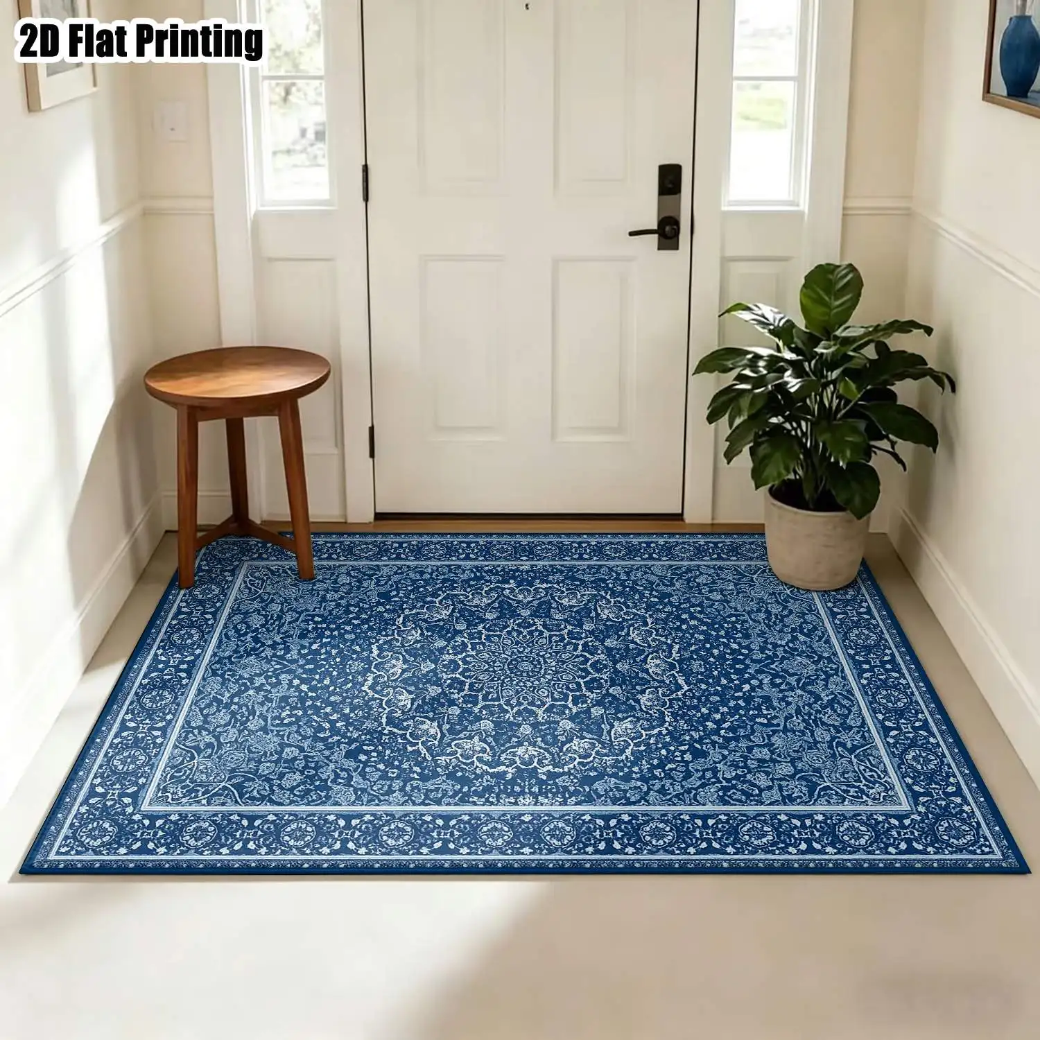 1Pc 2D Printed Blue Retro Patterned Carpet, European & Bohemian Style, Home Decor, Multi-Size, Machine Washable, for Entrance, Dining, Foyer, Bedroom, Study, Living Room Etc