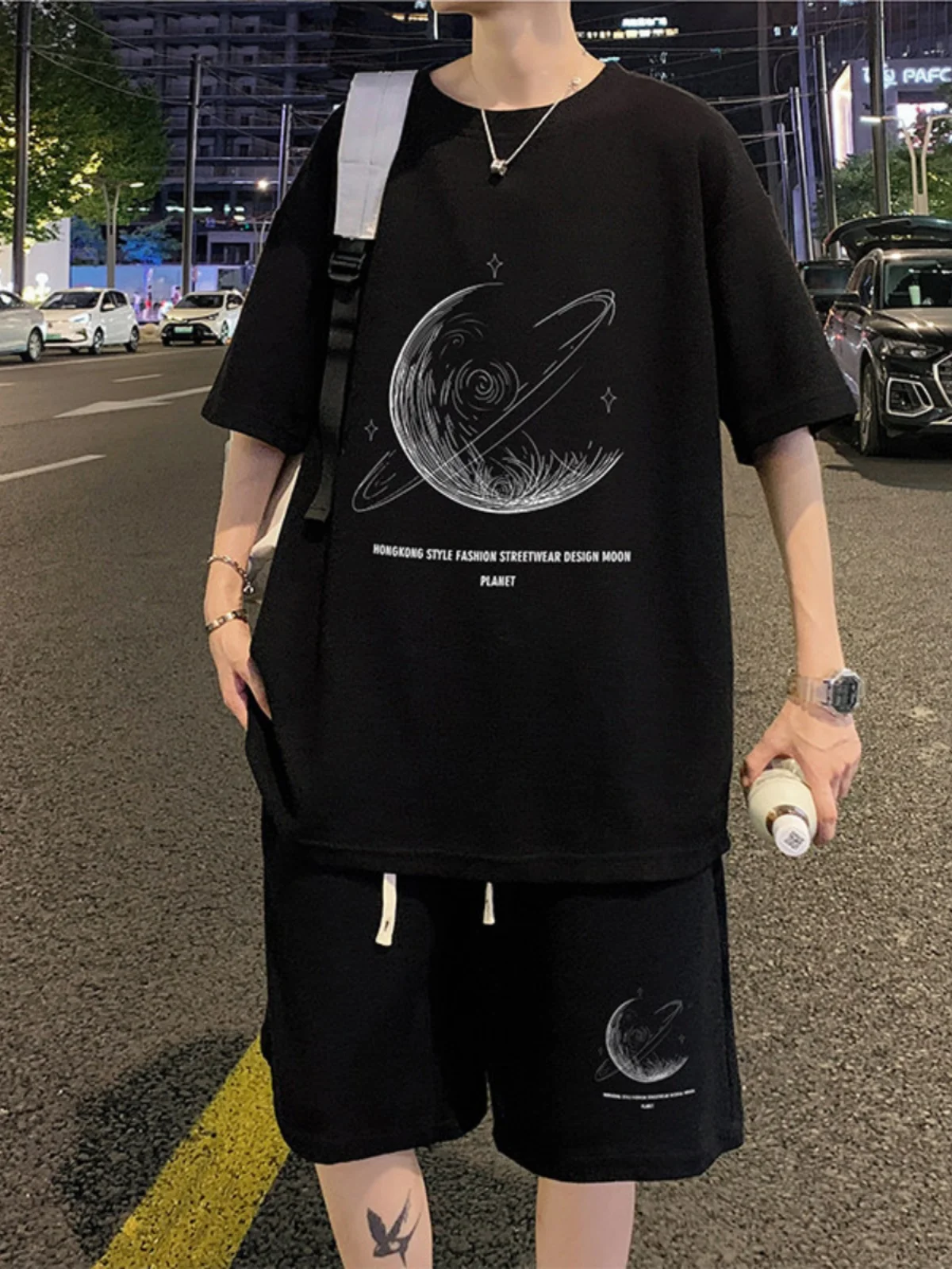 

Teenage Trendy Casual Sportswear Set for Men Summer Loose Fit Heavyweight ort Sve T-irt And orts Student Faion