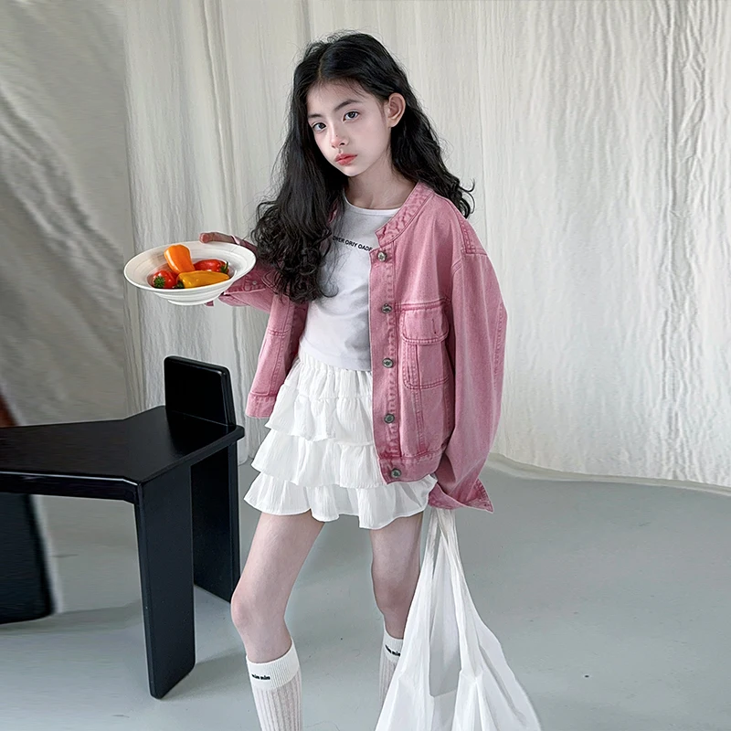 خريف جديد الوردي في سن المراهقة الفتيات الدنيم سترة 4 5 6 7 8 9 10 11 12 13 14 صغار الاطفال معطف غير رسمي الأطفال ملابس خارجية