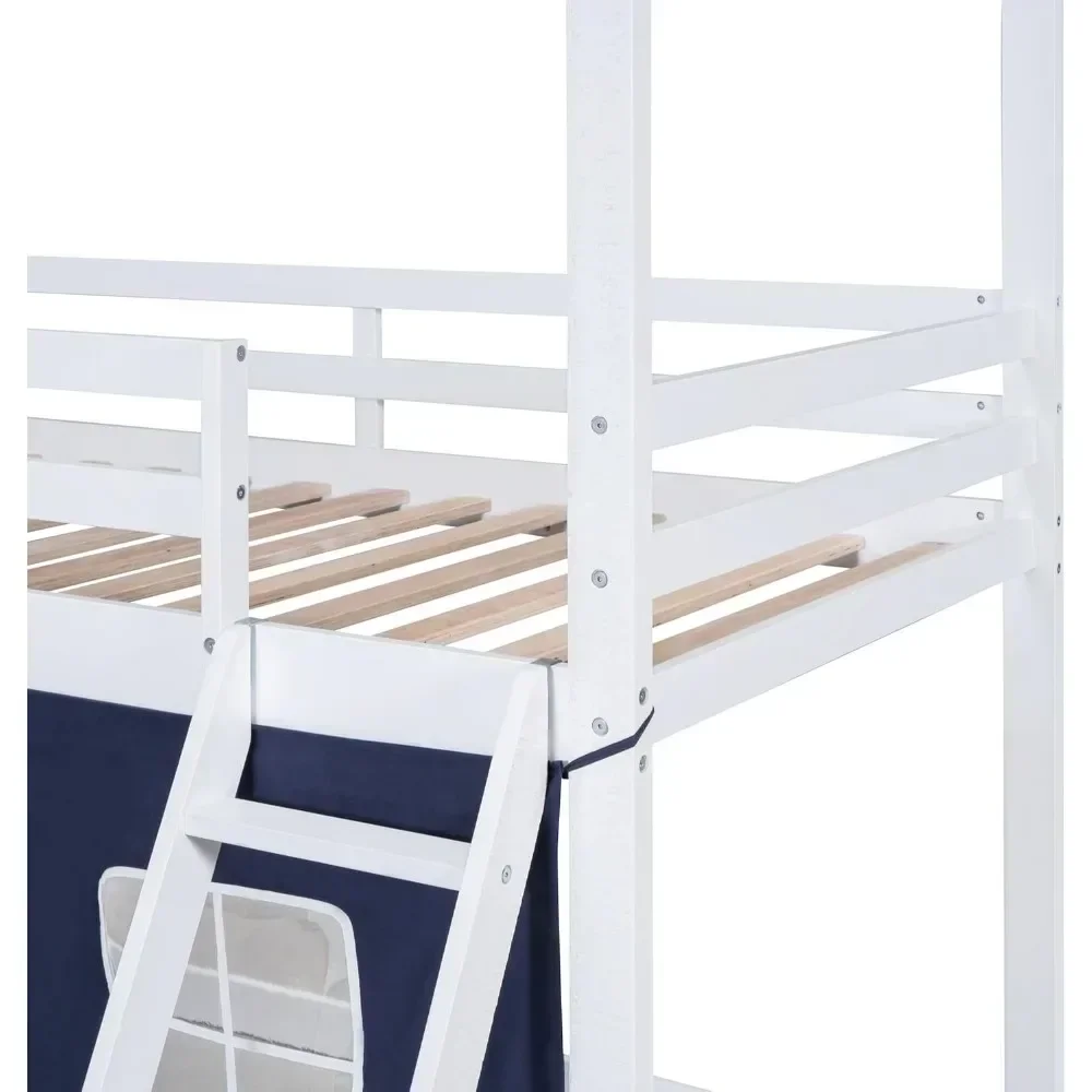 Casa beliche de loft duplo com barraca, cama de loft dupla para crianças com escadas, janelas de guarda-corpo e telhado de madeira dupla sobre madeira compensada cama de criança