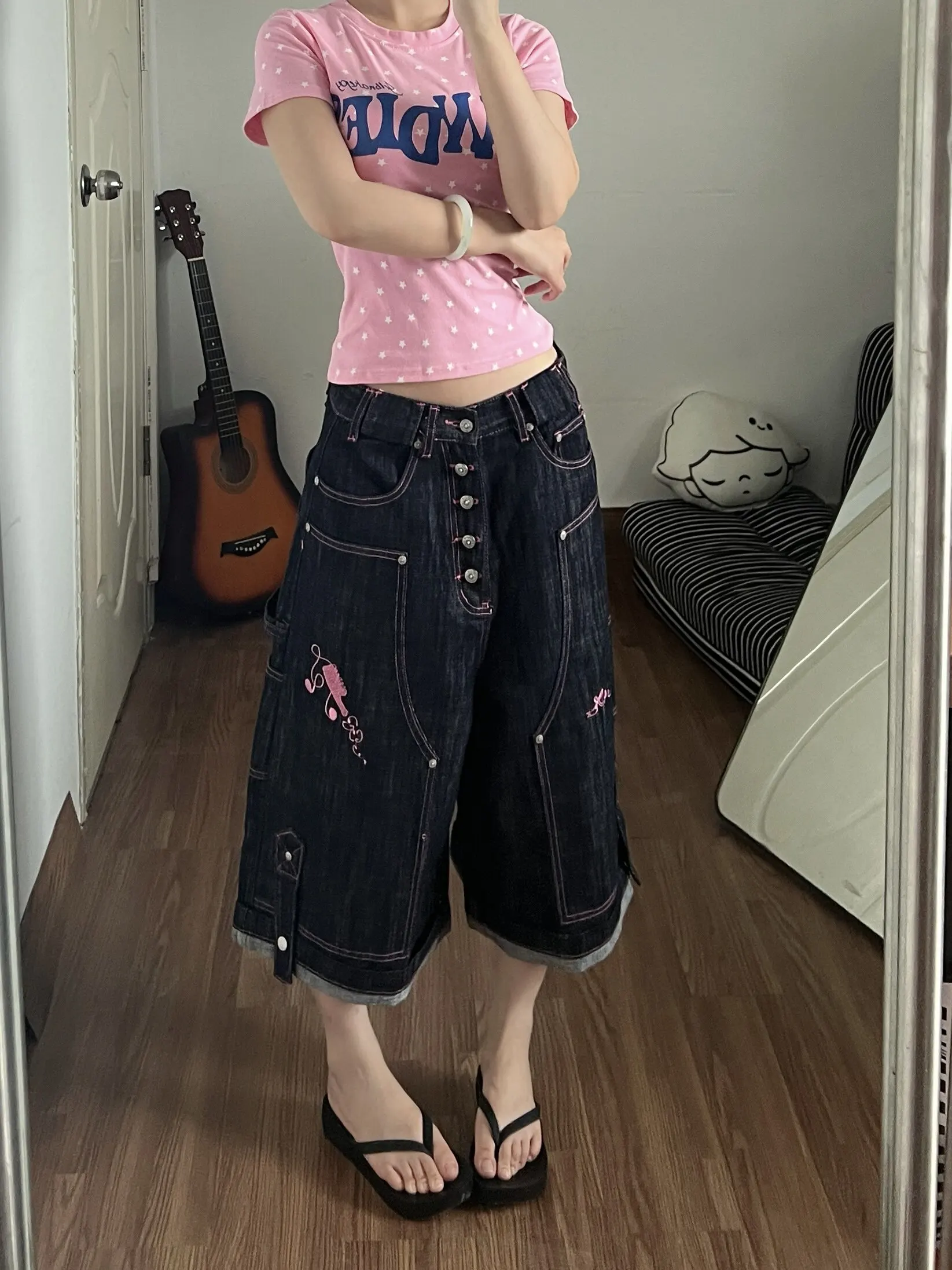 Pink Stitched Straight Leg Seven-Foot Pants Men's Summer Retro Original Cowhide Texture Denim Casual Pants with Multiple Buttons