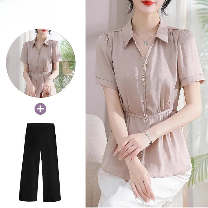 

Young Mom Summer Outfit Set Faionable ort Sve irt Chiffon Top Women's Clothing Loose Fit V-Ne Two-Piece Set
