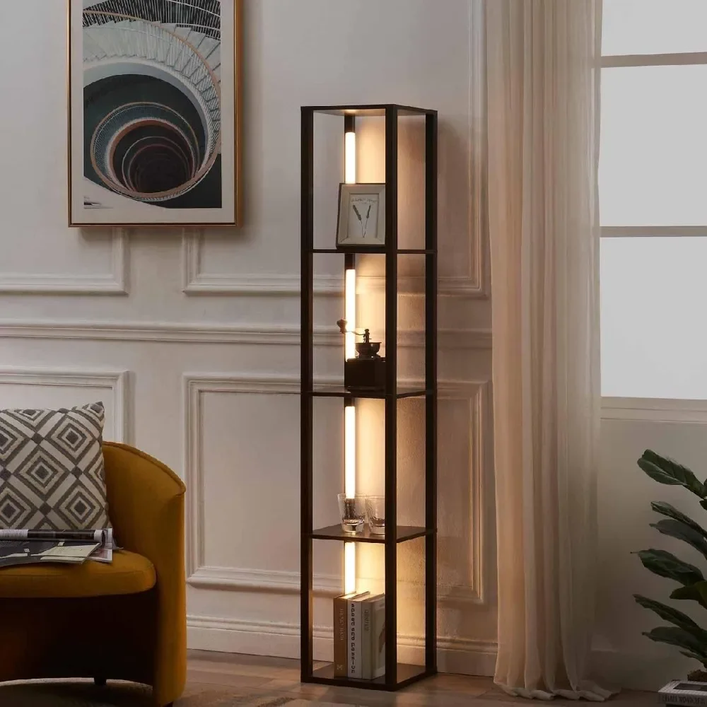 LED Display Shelf with Dimmable Lights, Sturdy Corner Shelf Floor Lamp for Living Room & Curio Cabinet Display