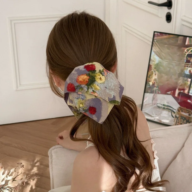 

Vintage Floral Scarf Scrunchies Oil Painting Style Large Hair Ties for Women Bun Ponytail Holder Premium Retro Hair Accessory