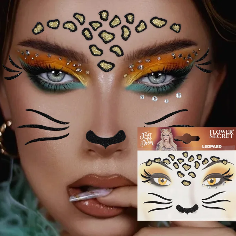 1 arkusz naklejki na twarz z kreskówek Clown Cat Leopard Butterfly Ice Glitter Face Art Decor naklejki do makijażu prezenty urodzinowe