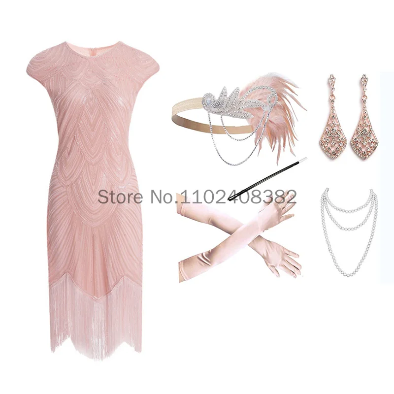 Women 1920s Vintage Great Gatsby Dress Double V-Neck Sleeveless Beaded Sequin Tassel Dress Great Gatsby Accessories