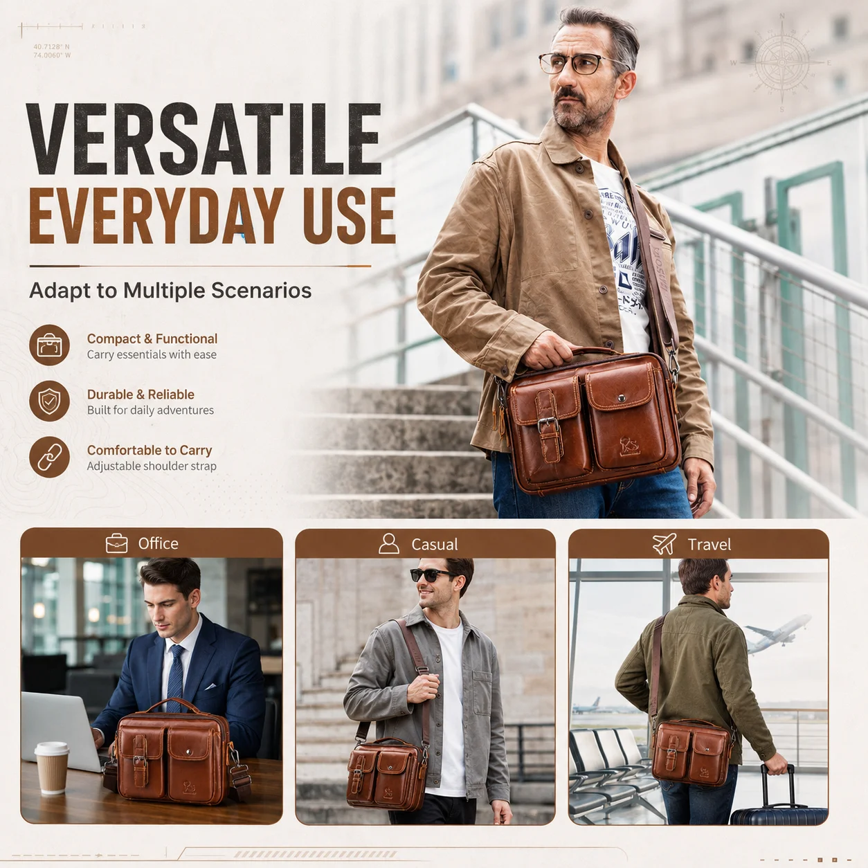 Men's Genuine Leather Shoulder Bag Vintage Crossbody Handbag Large Capacity Business Tote for Work Travel Commute Daily Carry