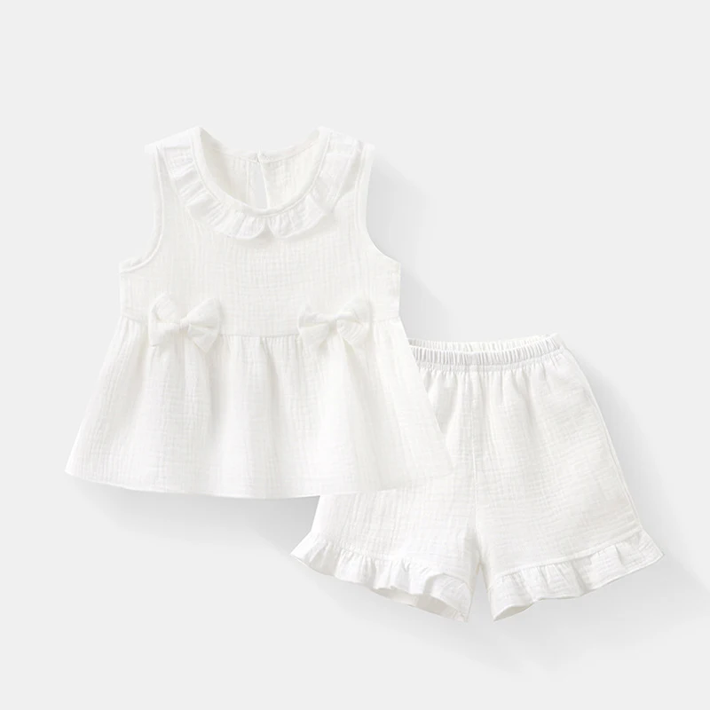 IYEAL Summer Baby Girl Cute And Fashionable Pure Cotton Vest Set, Sweet Bow Casual Top+Ruffle Edge Shorts 2-Piece Set