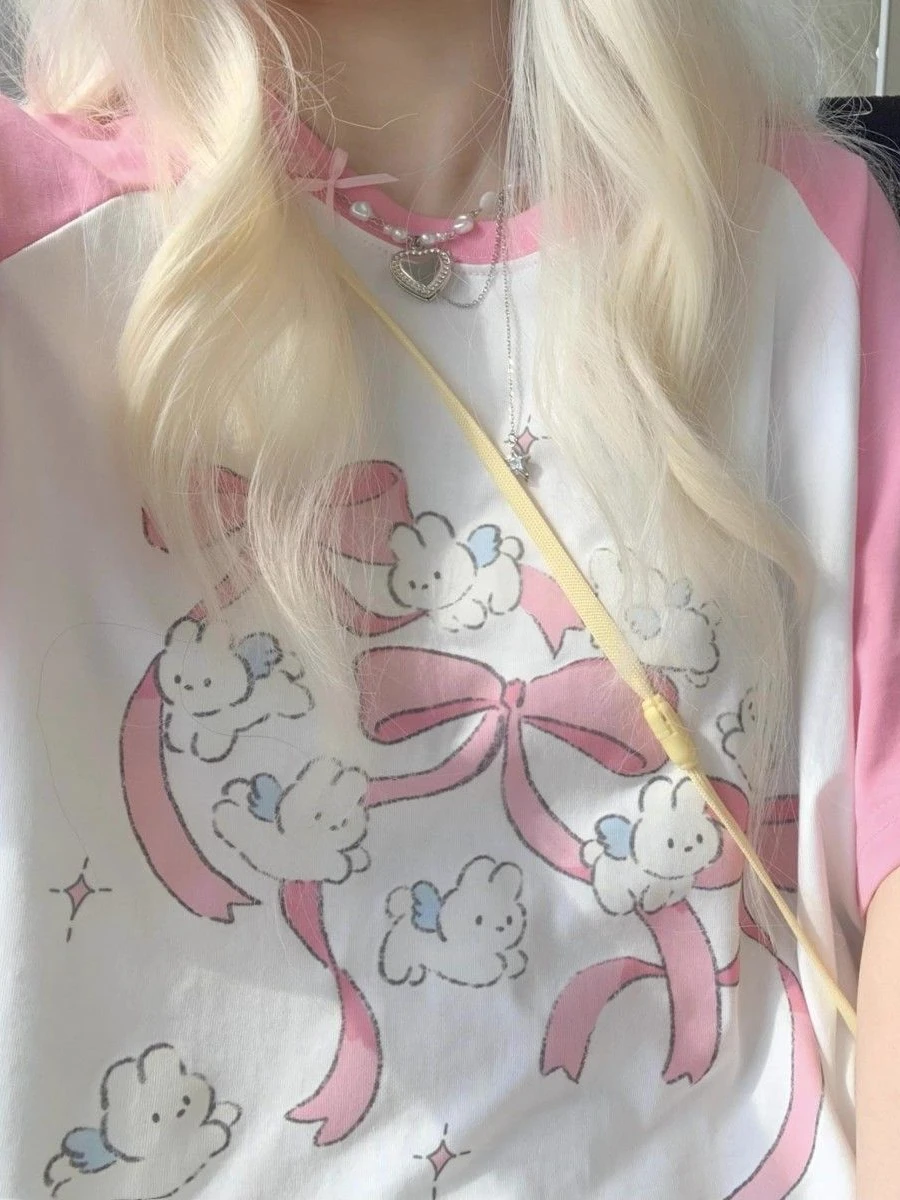 レディースプリントTシャツ,日本の漫画プリントカジュアルTシャツ,y2k美的Tシャツ,素敵な原宿Tシャツ2024