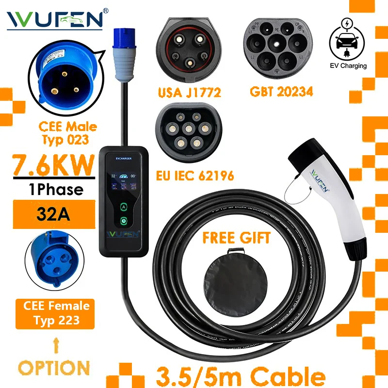 Wuben GBT شاحن محمول evv Wallbox ، نوع 2 كابل ، 32 أ ، 7.6 كيلو وات ، CEE Plug ، EVSE ، Type1 صندوق شحن ، محول J1772 ، 5 م ، 10 م ، 20 م ، المنزل