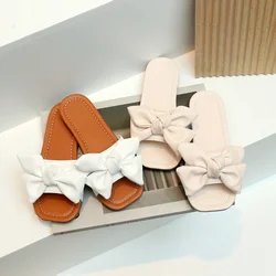 Summer Girl's Slippers Flat Bowtie Sweet White Beige Children Sliders Light Slip-on Fashion Leisure Vacation Kids Sandals 27-36