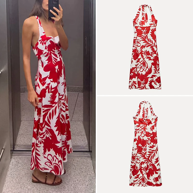 

Spring 2025 New Women's Print Dr Hanging Collar Design Sense Polyester Fiber 00% Street Sle Single Piece No Sve