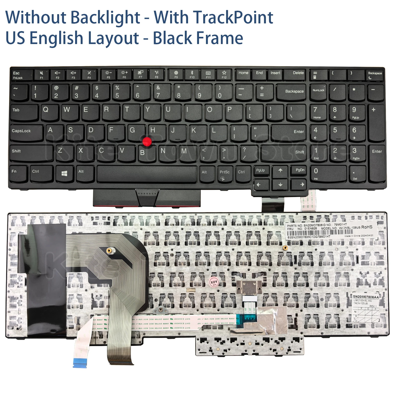 

New US Layout Laptop Keyboard Non-Backlit Pointer for Lenovo Thinkpad T570 T580 P51s P52s (Does not fit for P50s P51 P52 T590)