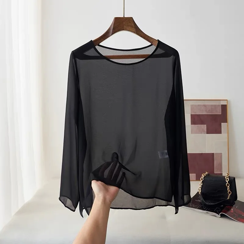 Camisa de chiffon leve para mulheres, primavera/verão, cor vibrante, simples, elegante, transparente, tamanho grande.