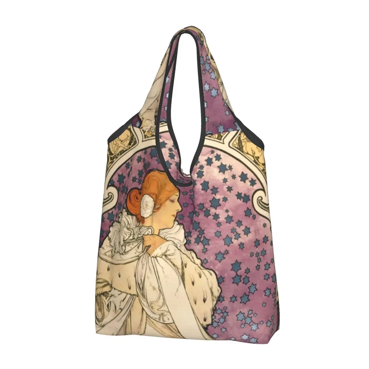 Large Reusable Alphonse Mucha Grocery Bags Recycle Retro Nouveau Lady of the Camelias Shopping Eco Bag Washable With Pouch