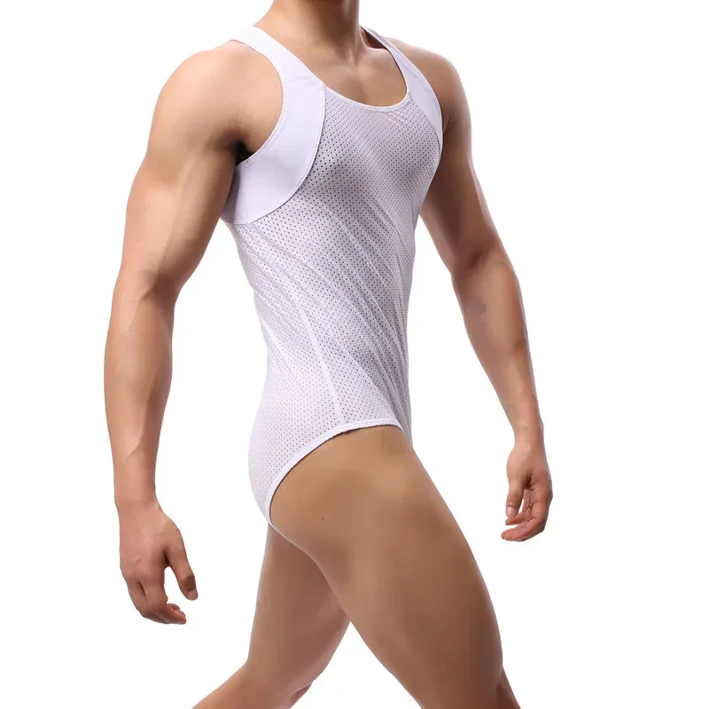 Sexy Mens Undershirts Mesh Body Shaper Fitness Bodysuits Wrestling Singlet Jumpsuits One-Piece Leotard Sexy Underwear Swimwear