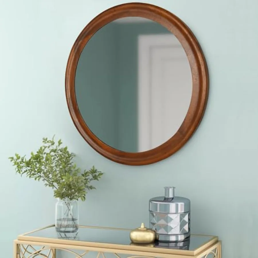 

Round Wood Mirror for Wall, 24 Inch Circle Decorative Mirror with Frame, Rustic Bathroom Hanging Vanity Mirror for Entryway, Be