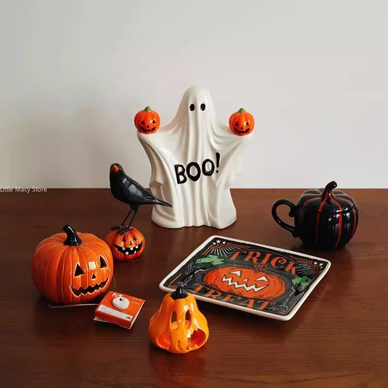 Halloween Collection Hand-painted Pumpkin Themed Ceramic Ghost Ornaments Pumpkin Lamp Decoration Water Cup