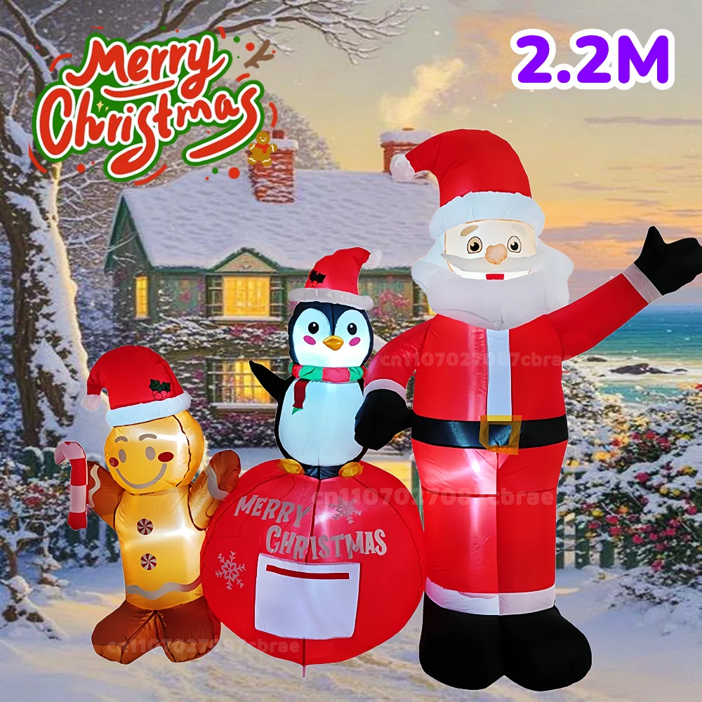 عيد الميلاد 2.2 متر طويل نفخ سانتا كلوز البطريق ، رجل الزنجبيل المدمج في أضواء LED للمربعات ساحات المروج تزيين #1