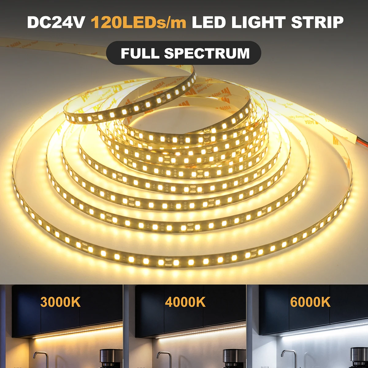 5M 10M RA85 2835 LED Strip Light 120LEDs/m DC 24V 3000K 4000K 6000K Full Spectrum Flex Cuttable Ribbon Rope 8MM Black PCB Linear