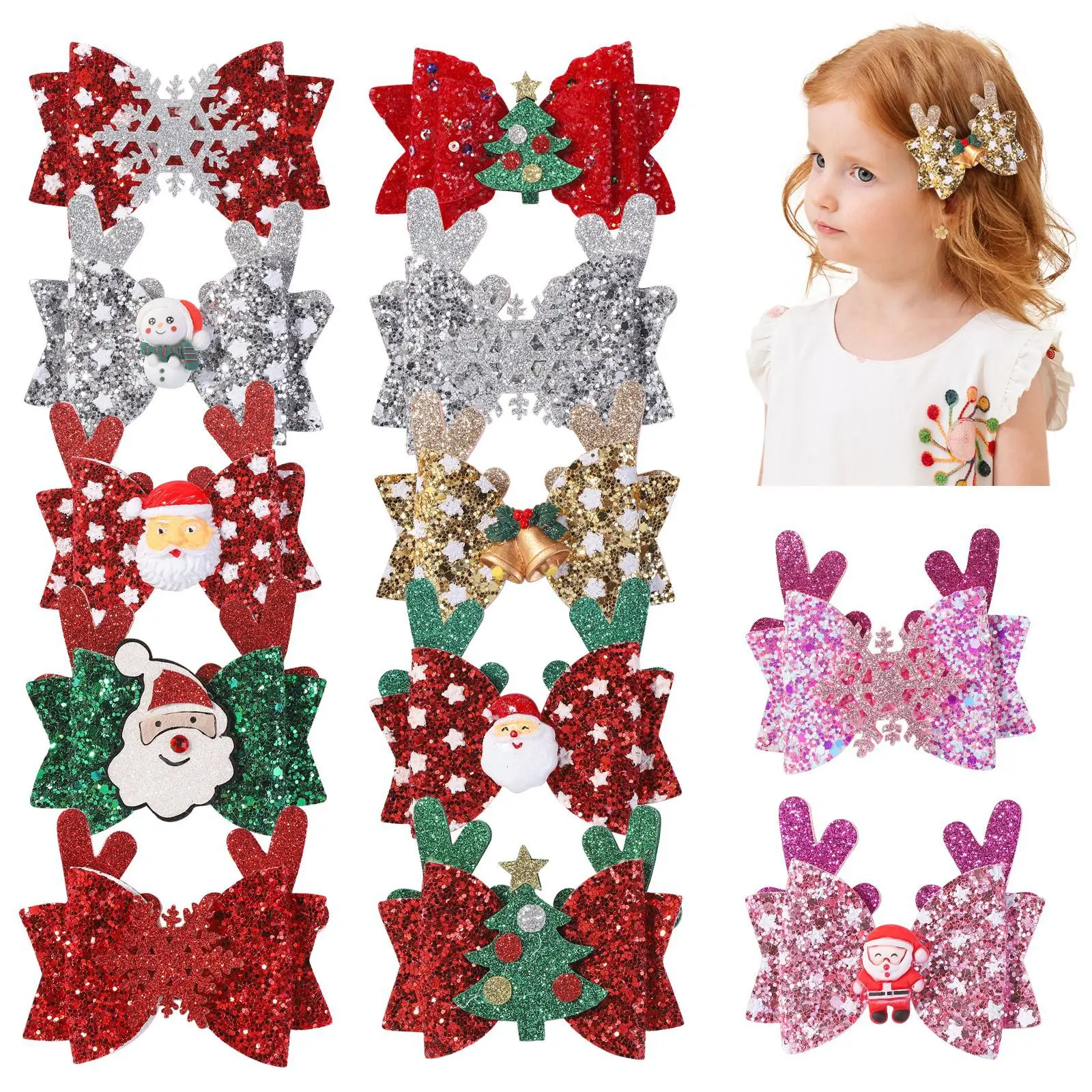 

36pc/lot Glitter Christmas Tree Reindeer Bow Hair Clips Red Glitter Bows Baby Girl Kid Barrettes Girls Hairpins Xmas Headwear