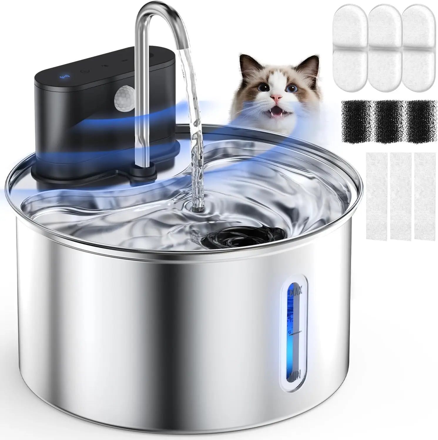 

Cat Water Fountain Wireless Stainless Steel with Sensor 3.5L/118oz Battery Operated Rechargeable Automatic Water Dispenser