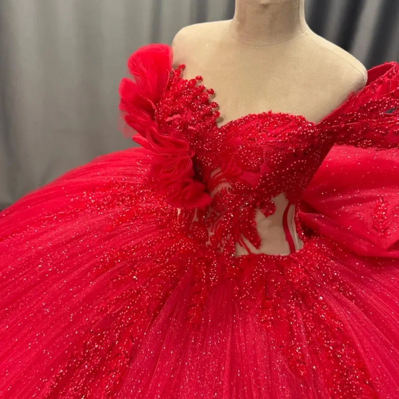 

Shiny RedQuinceanera Dress off-shoulder Crystal Decal Layering Ruffle Long tail Bow vestidos de 15 Quinceanera ﻿Customized