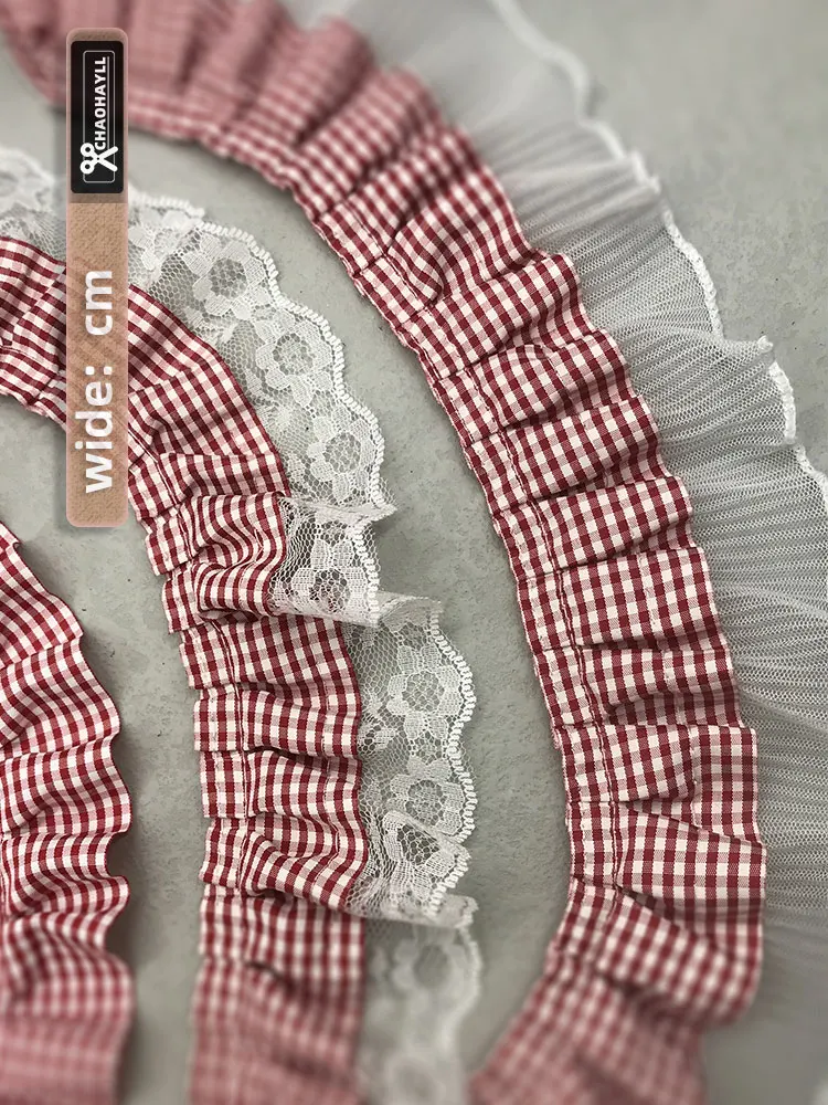 1 Yard 4/6.5/7CM Wide Red White Plaid Ruffle Tulle Embroidered Lace Fabric for DIY Fringed Trim Party Dress Sewing Accessories