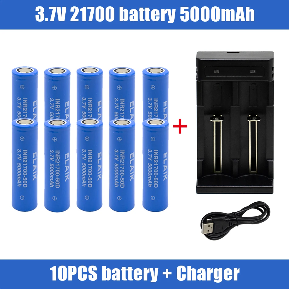21700 3.7V 5000mAh High Capacity Rechargeable Li-Ion Battery with USB Charger Flashlight Power bank Electrical Tools