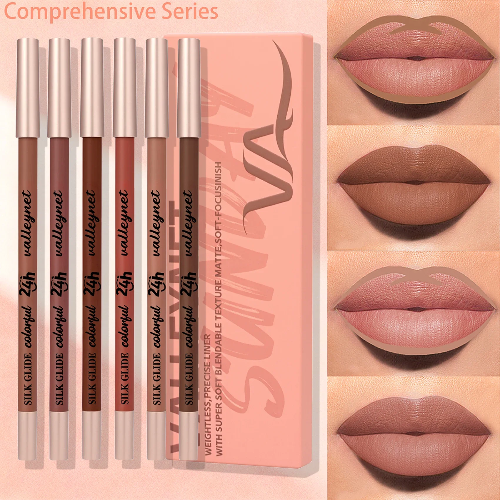 ชุดดินสอเขียนขอบปากไม้เนื้อละเอียดพิเศษ 6 ชิ้น/ชุด - ซีรีส์สีน้ำตาลนู้ด, ดินสอเขียนขอบปากเนื้อกำมะหยี่แบบด้าน ชุดแต่งหน้าสำหรับริมฝีปาก