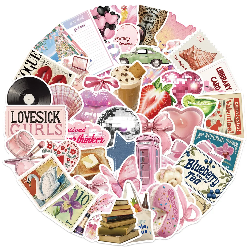 50-Piece Cartoon Pink Aesthetic Series Stickers - Waterproof PVC Decorative Decals for Trash Journal Scrap Giajar Sticker Store