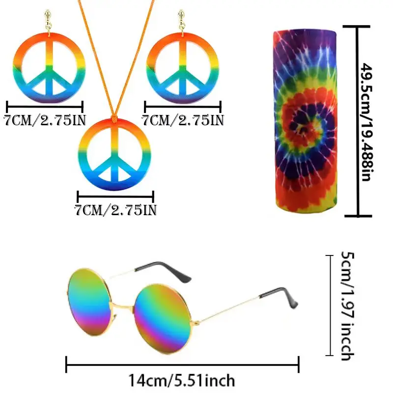 PESENAR Hippie Costume Set Glasses Headband Peace Sign Earrings Necklaces Tie Dye Bandana Hippie Accessory for 60s 70s