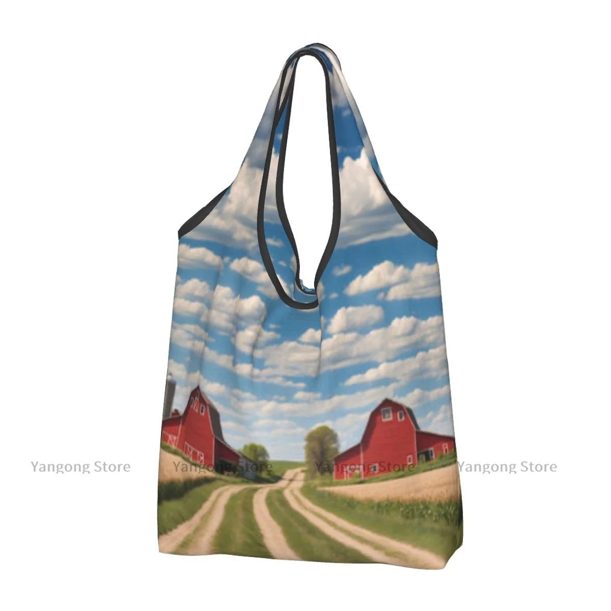 Shopping Bag Country Road With Barn Cloudy Sky Rural Scene Eco-friendly Folding Reusable Portable Handbag for Travel Grocery Bag