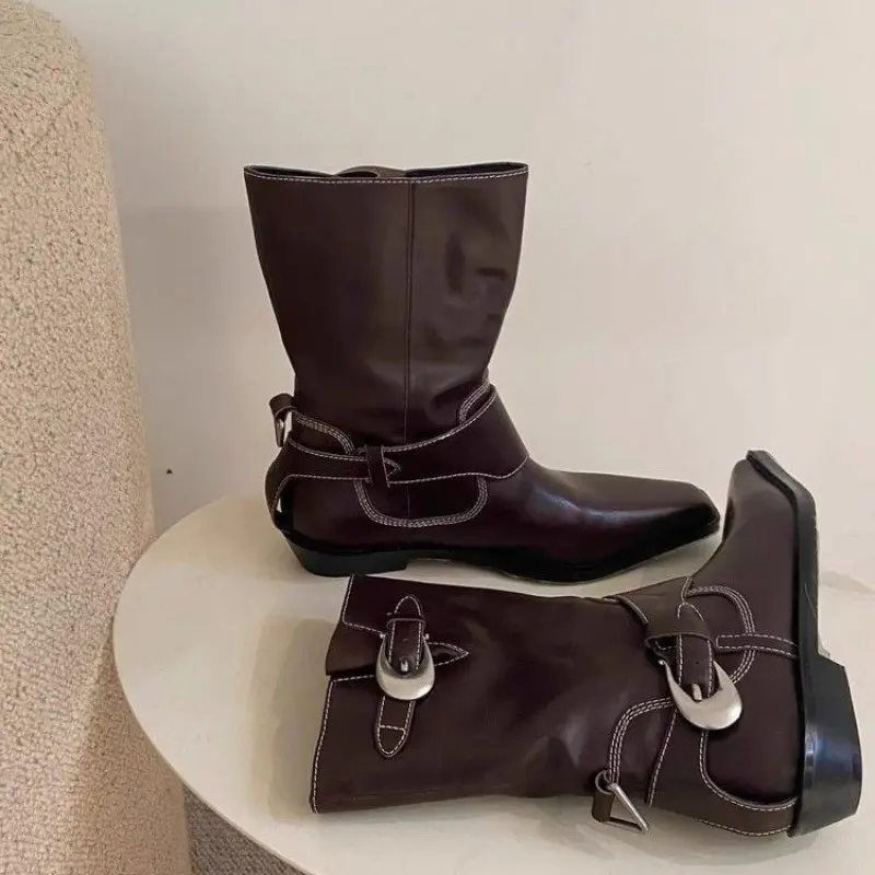 Autumn Cowboy Boots For Women Fashion Slip On Long Pipe Boots Female Square High Heel Trend Winter Footwear Women Ankle Boots