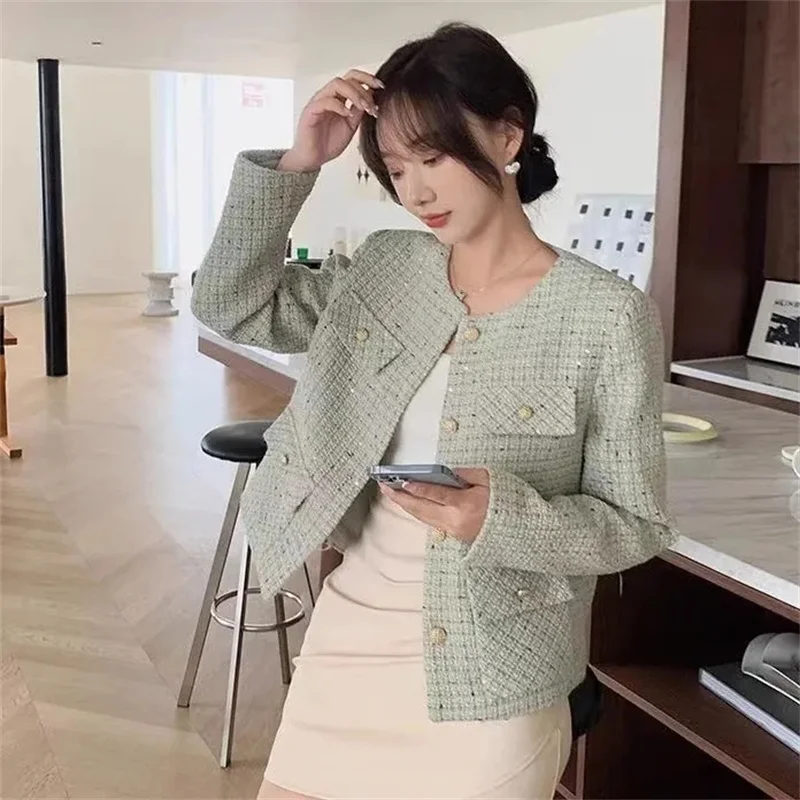 Small Fragrance Coat Autumn Women's New Jacket Retro High-Grade Design Jacket Green Slim Temperament Outerwear Ladies Short Tops