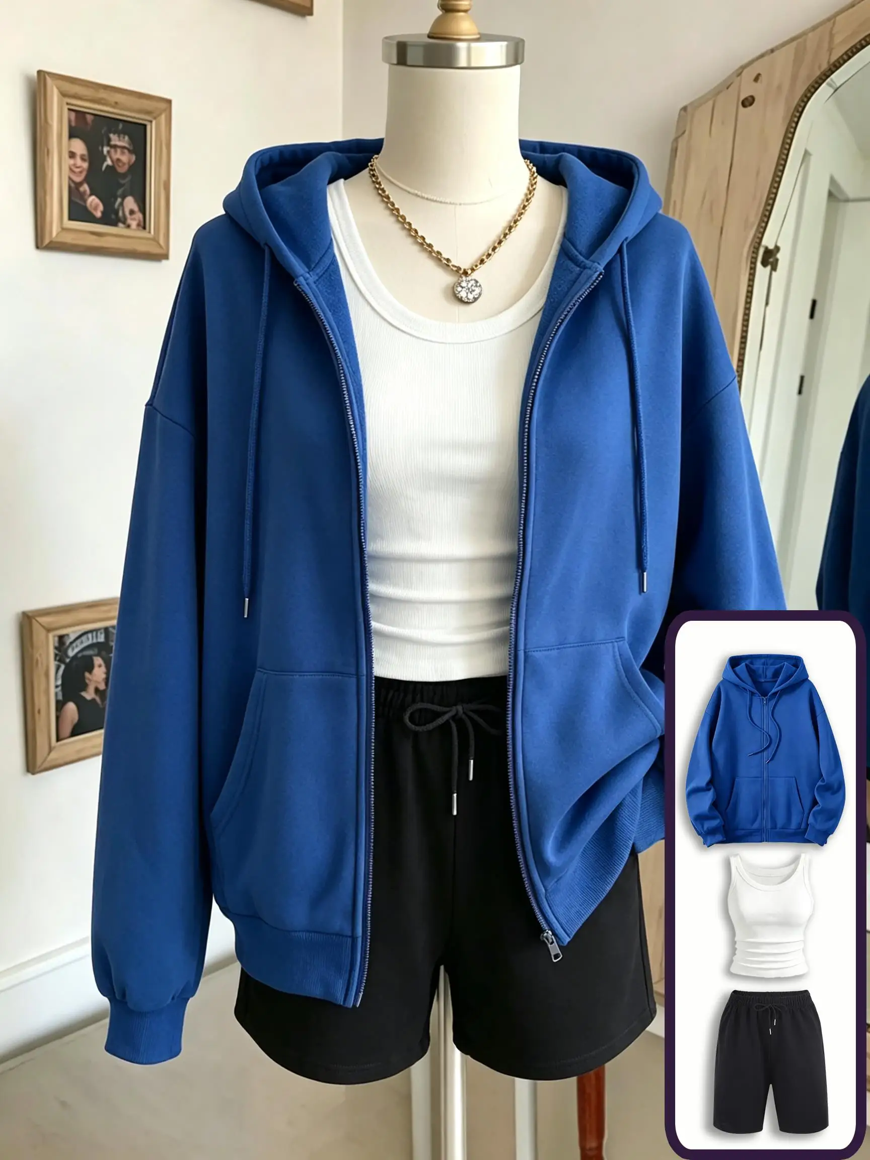 3PCS Sports Running Y2K Solid Color Autumn Women's Tracksuit Suit Korean Zipper Hoodie Wide-Leg Shorts Outdoor Crewneck Camisole