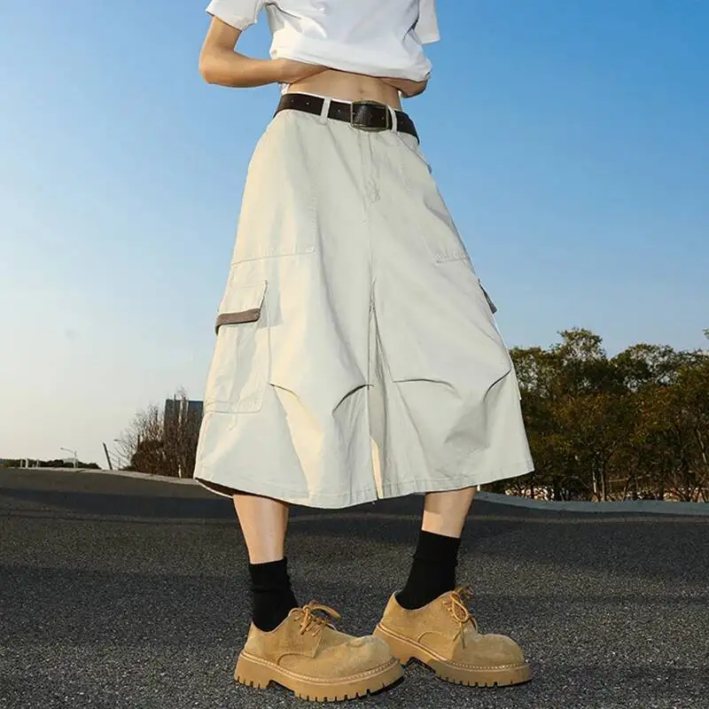 Men's Cargo Streetwear Shorts High Waist Loose Wide Leg Casual Streetwear Knee Length Pants Summer Fashion Bottoms IZFL